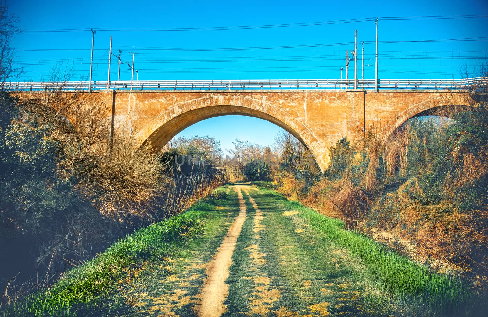 trail foot path urban colour jog under straight bridge urban by LucaLorenzelli