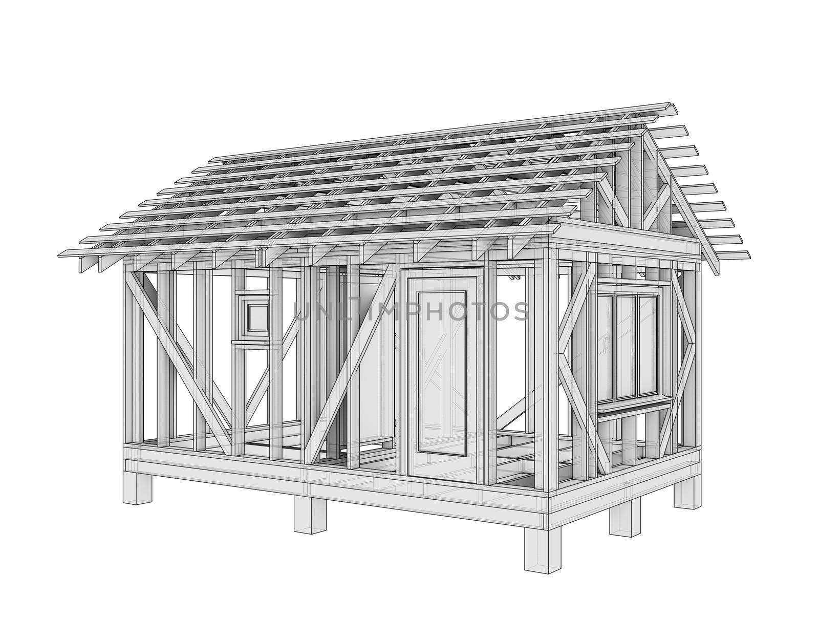 3D illustration of a small frame house. Isolated on a white background