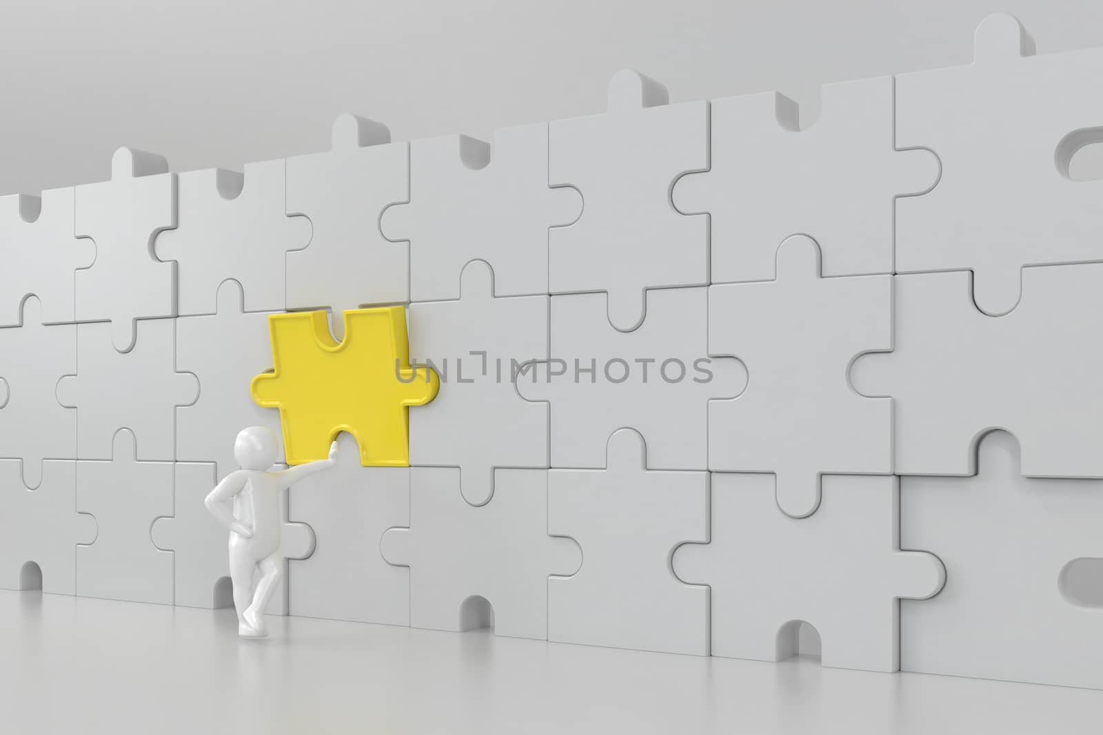 3D illustration,3D rendering,The character is wearing the last piece of the jigsaw puzzle to complete the mission. Includes selection path of floor and background.