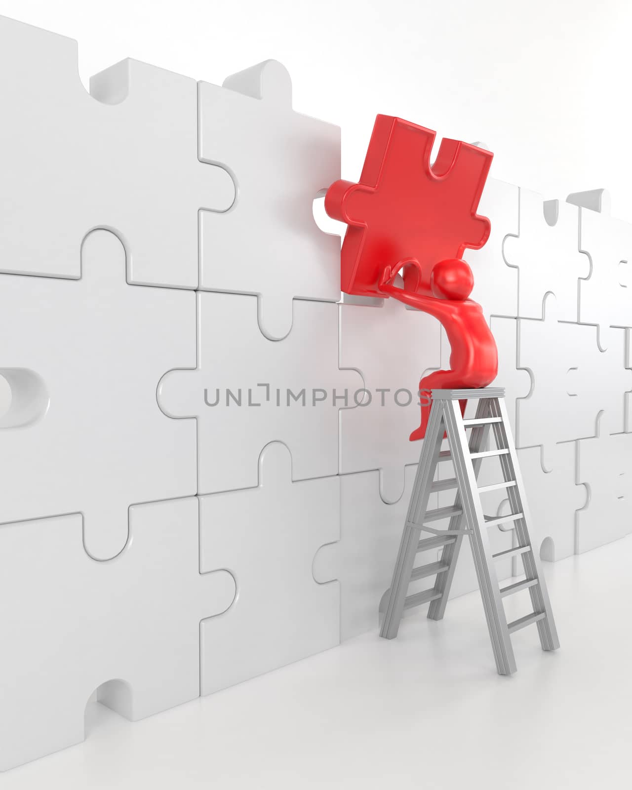 3D illustration,3D rendering,The character is wearing the last piece of the jigsaw puzzle to complete the mission. Includes selection path of floor and background.
