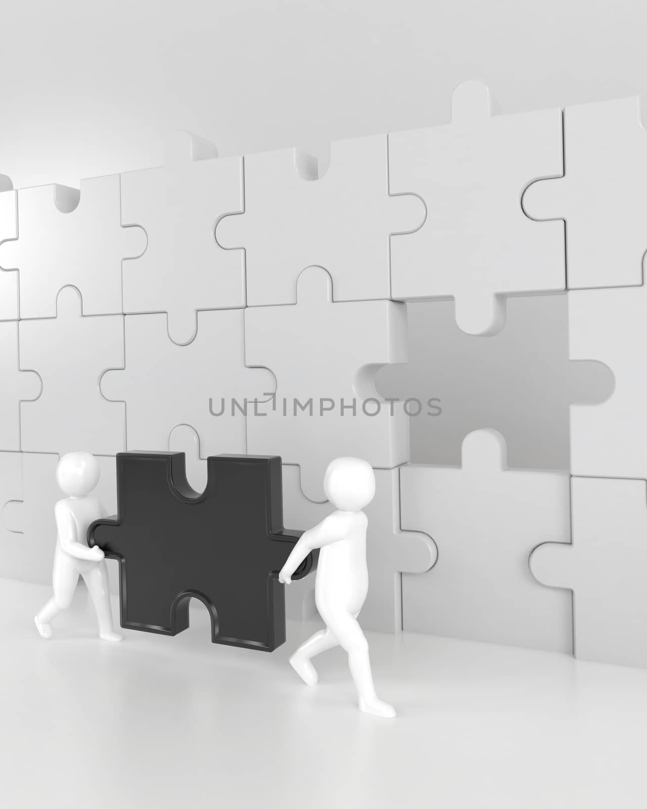 3D illustration,3D rendering,The character is wearing the last piece of the jigsaw puzzle to complete the mission. Includes selection path of floor and background.