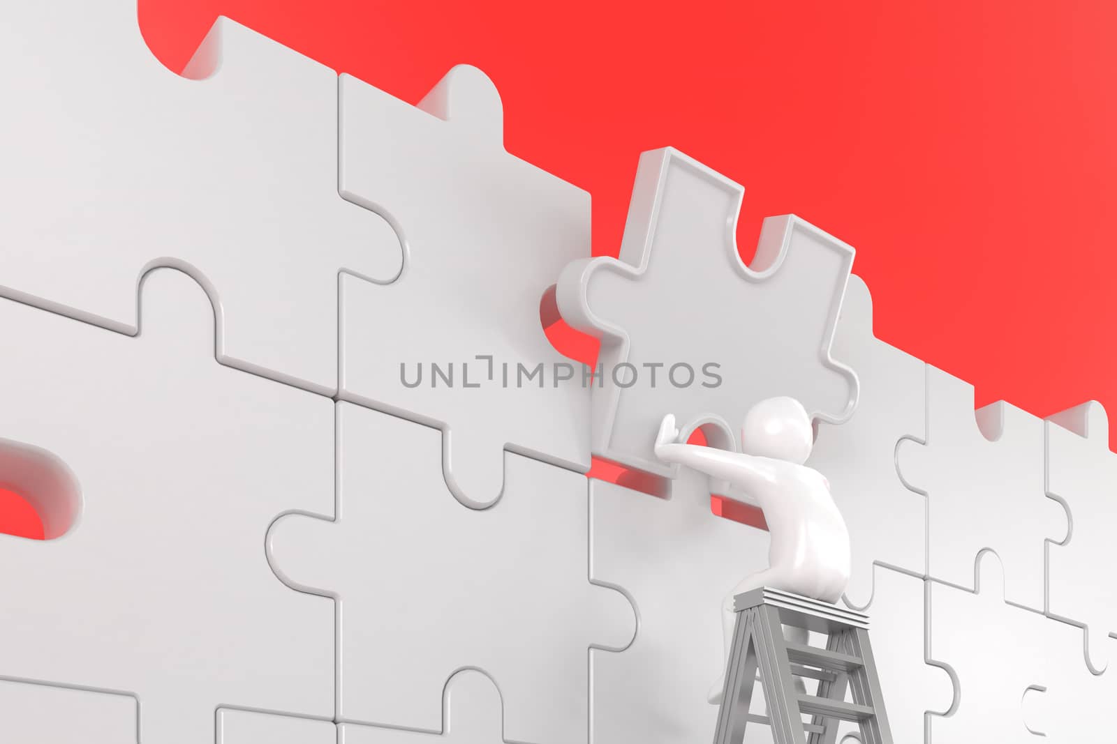 3D illustration,3D rendering,The character is wearing the last piece of the jigsaw puzzle to complete the mission. Includes selection path of floor and background.