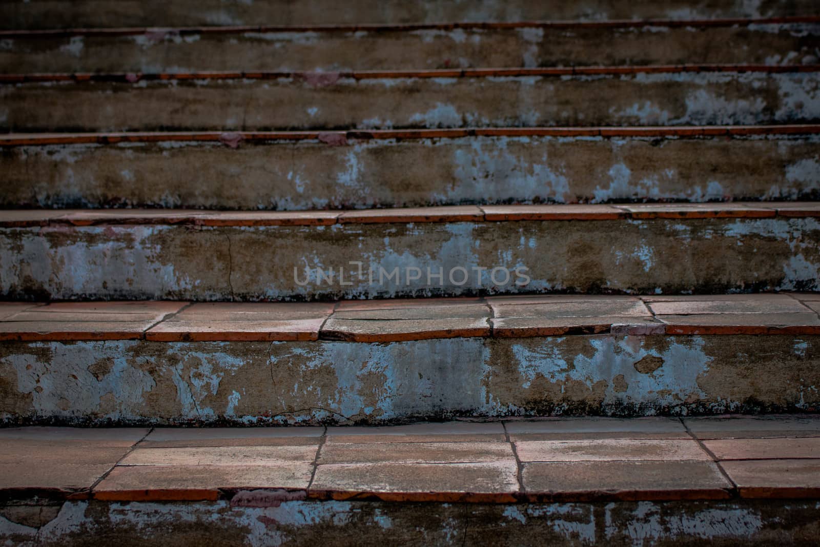 Abstract background of Old Concrete stairs.  concrete staircase with old dry leaves. by N_u_T