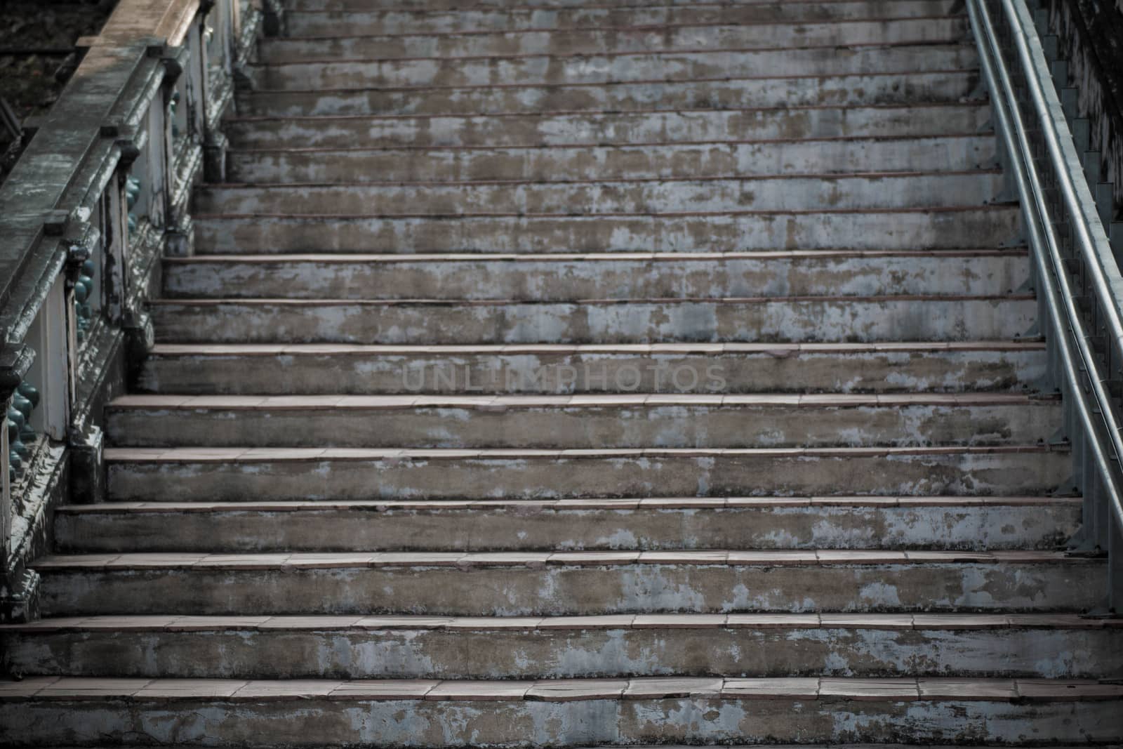 Abstract background of Old Concrete stairs.  concrete staircase with old dry leaves.