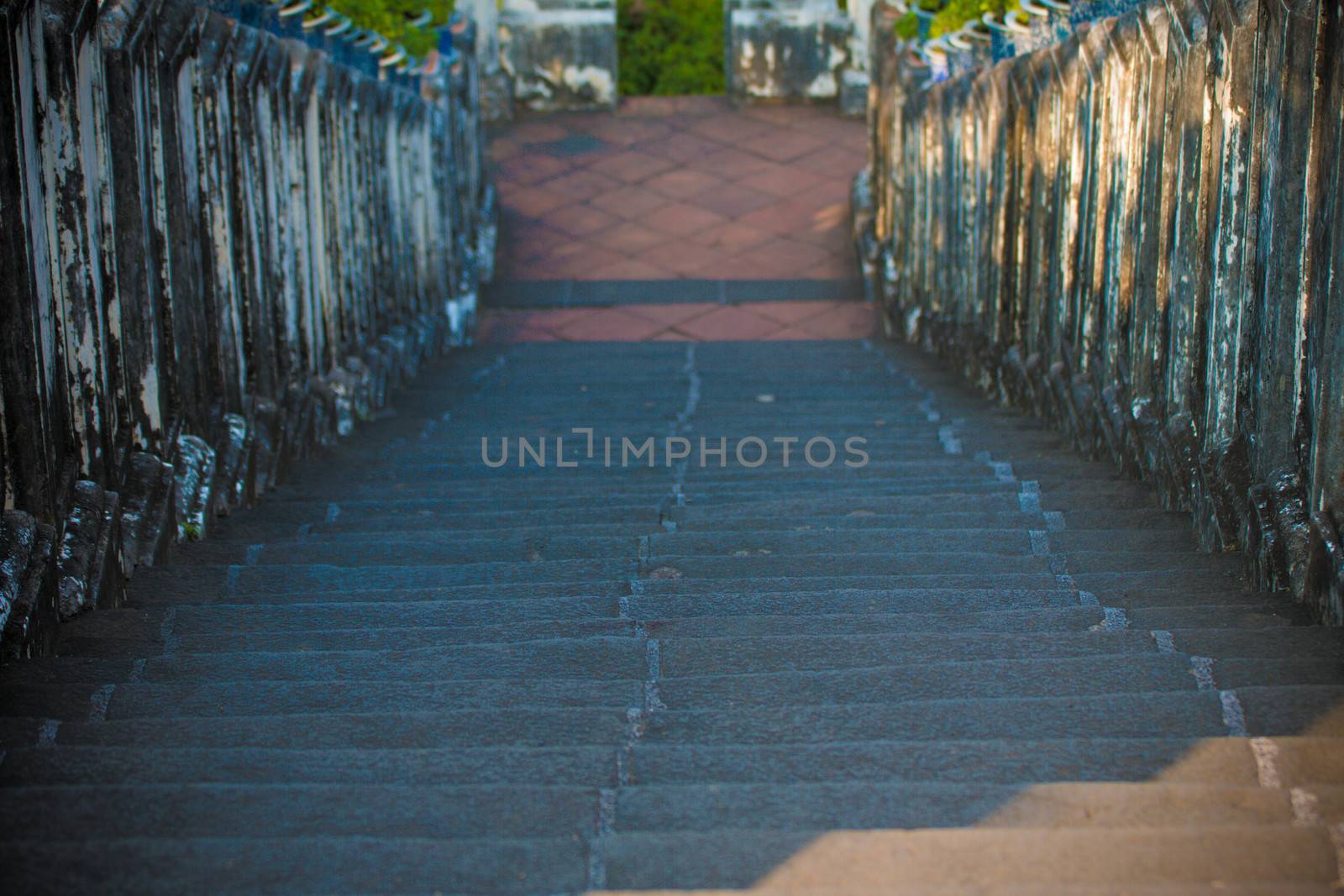 Abstract background of Old Concrete stairs.  concrete staircase with old dry leaves.