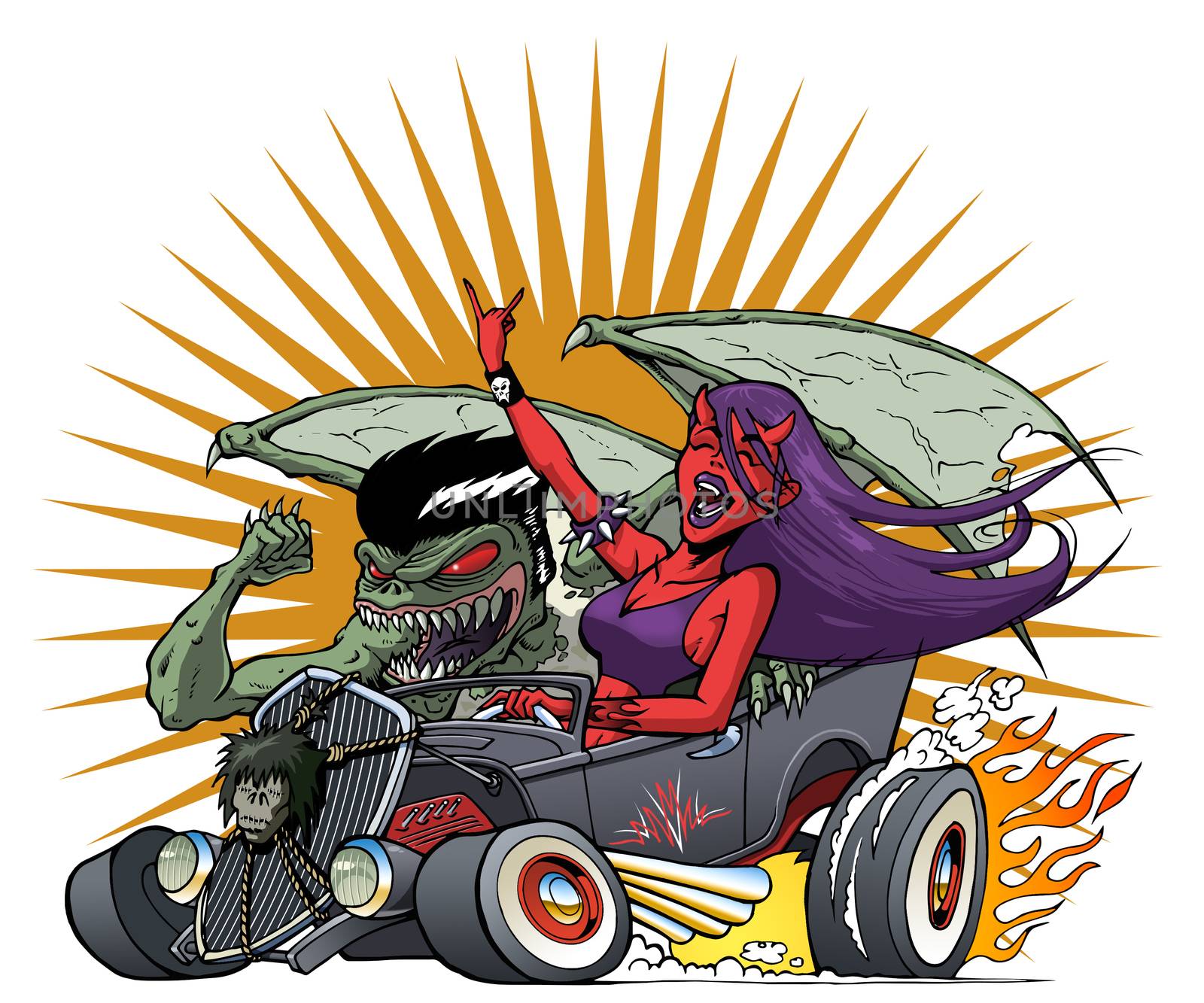 Monster Hot Rod with Driving Demon Girl with Starburst by illstudio