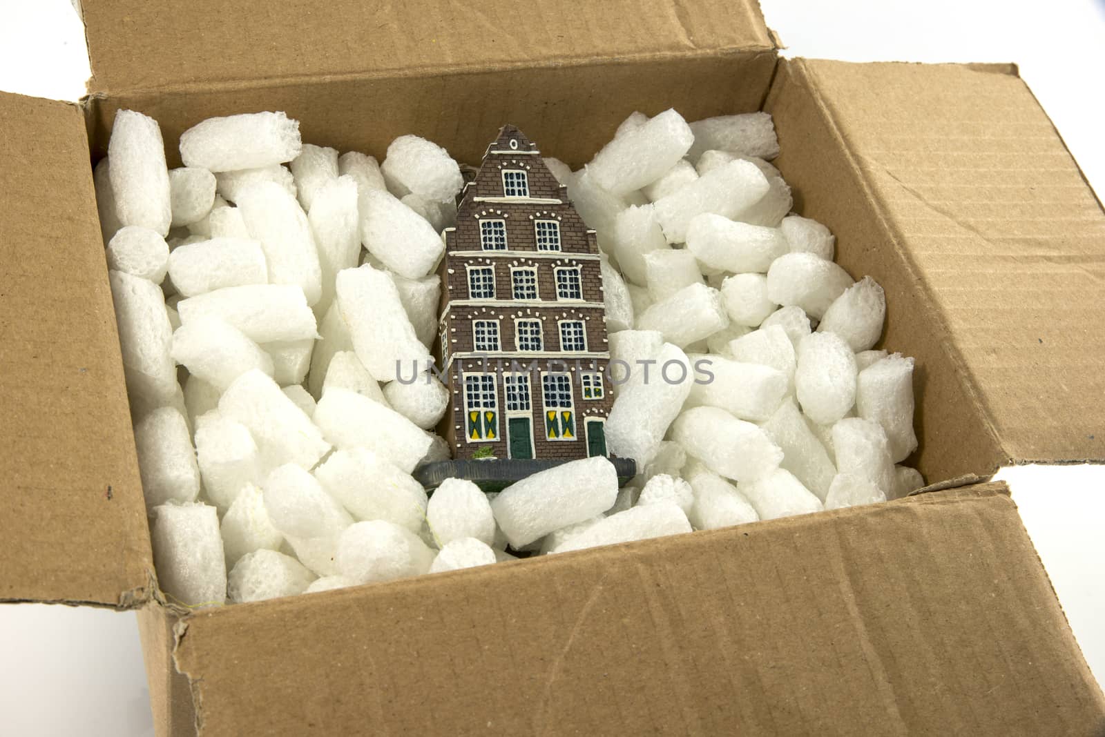 moving the house in cardboard box with shipping peanuts
