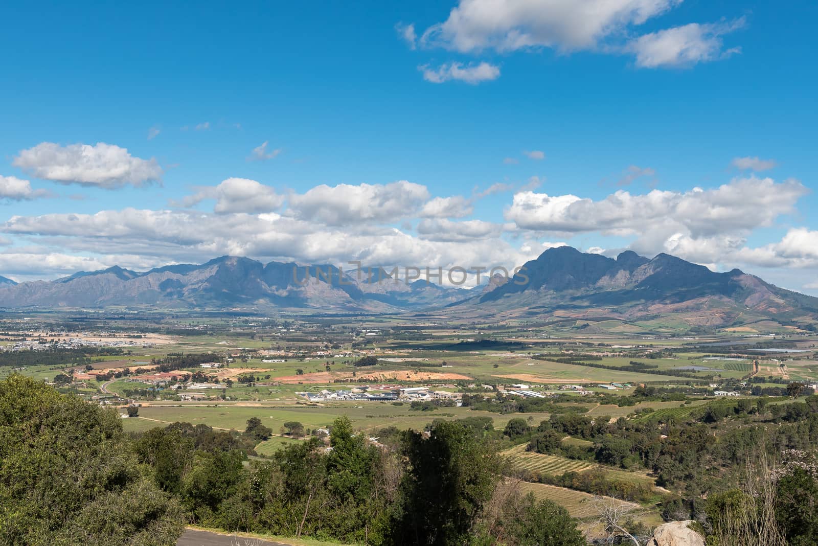 A farm landscape view from the Afrikaans Language Monument at Paarl in the Western Cape Province towards Simonsberg and the Hottentots-Holland Mountains