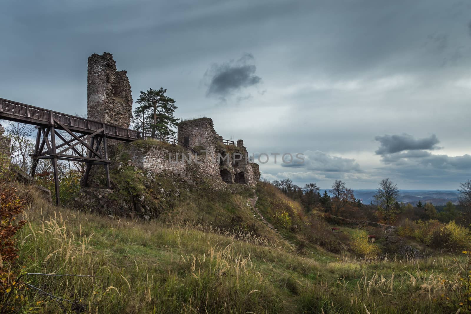 Zubstejn ruins of the castle built in the 13th century. It stands on a hill above the village Pivonice in Czech Republic. Overcast day