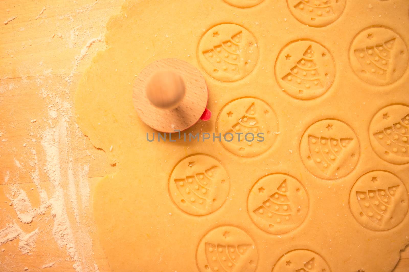 Gingerbread dough for Christmas cookies and cookie stamp in womans hand. Christmas tree themed stamp, nice christmas dough texture. by petrsvoboda91