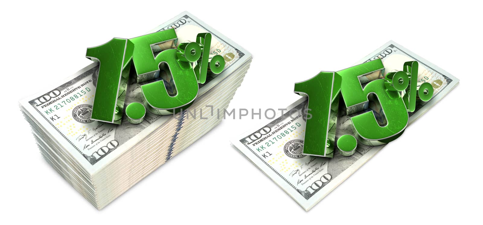 3D illustration 1.5% on top a dollar on a white background.(With cutting path)