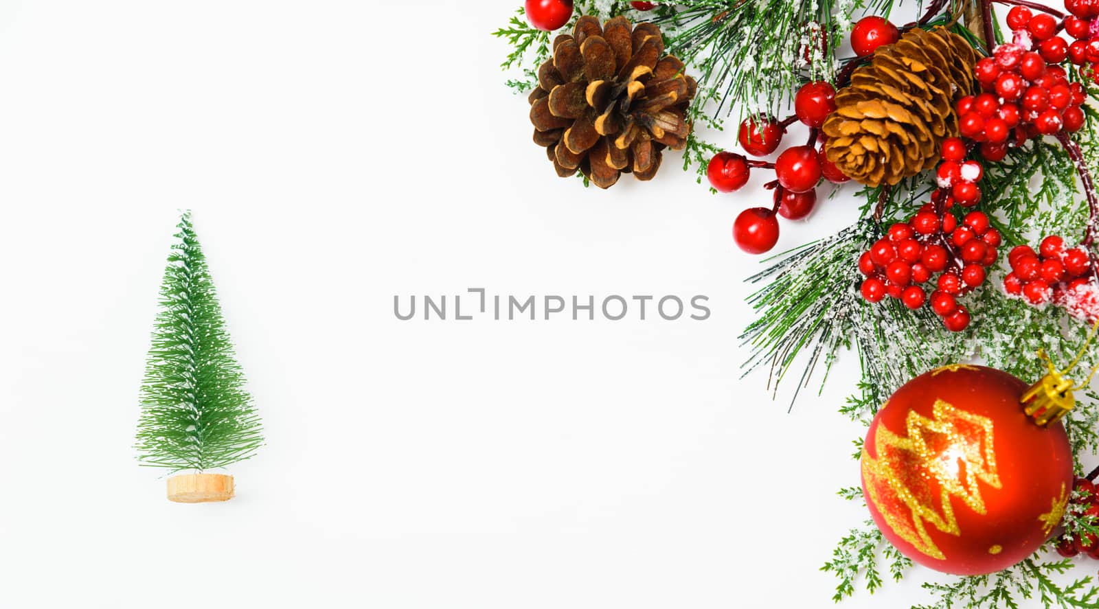 Christmas composition decorations, fir tree branches on white ba by Sorapop