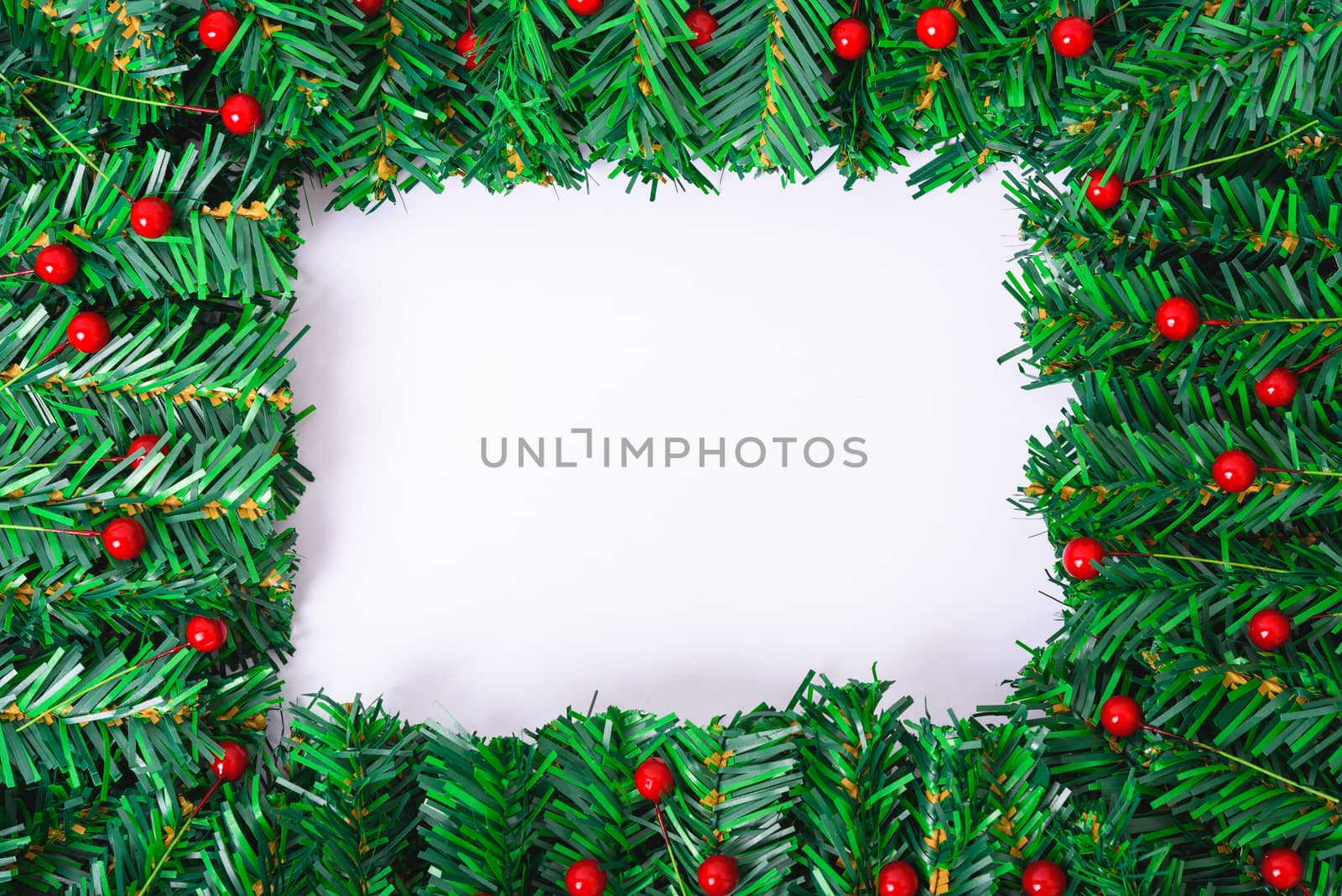 Happy New Year and Christmas day, top view flat lay composition decoration branches tree on white background with copy space for your text