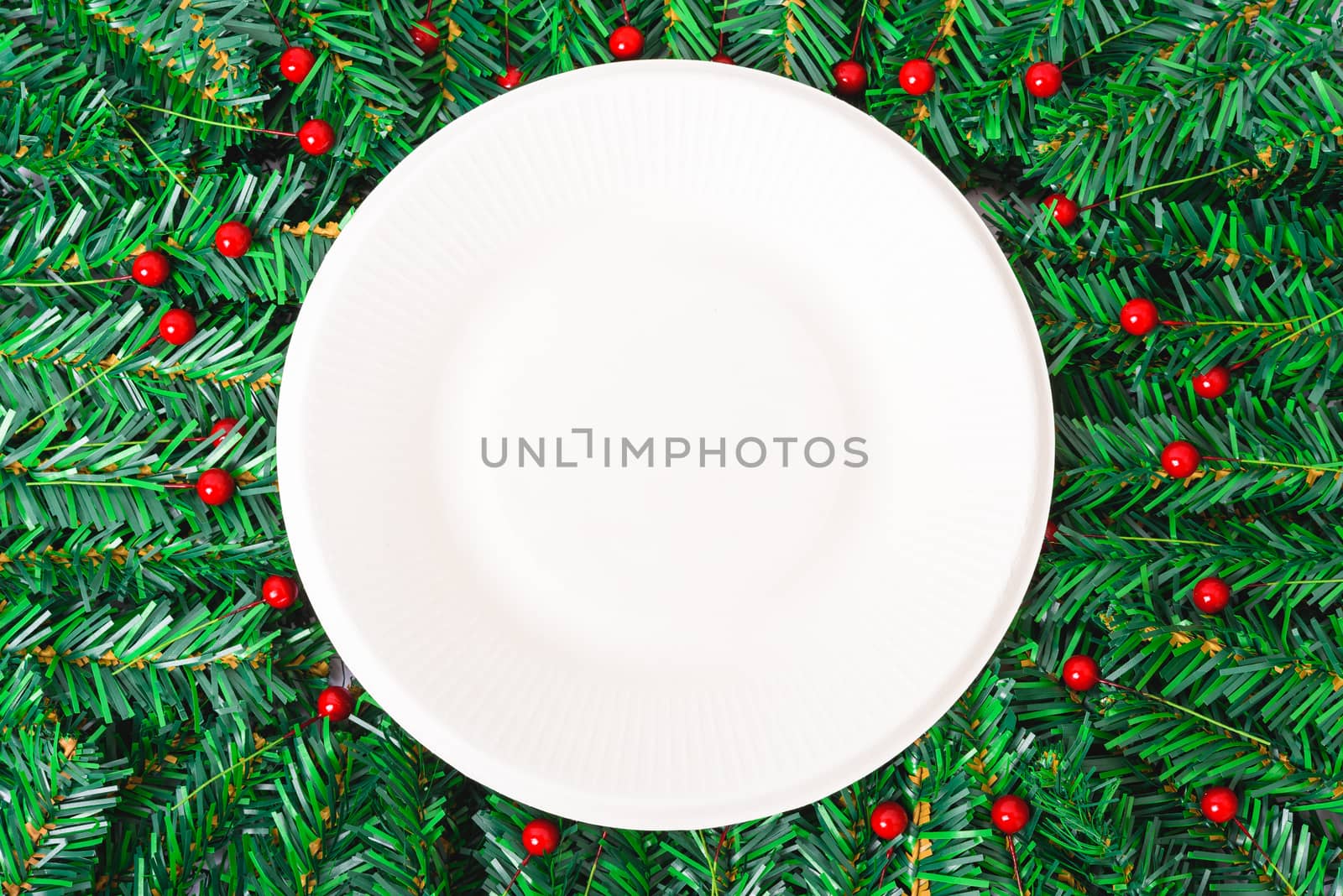 Happy New Year and Christmas day, top view flat lay composition decoration branches tree, white round on white background with copy space for your text