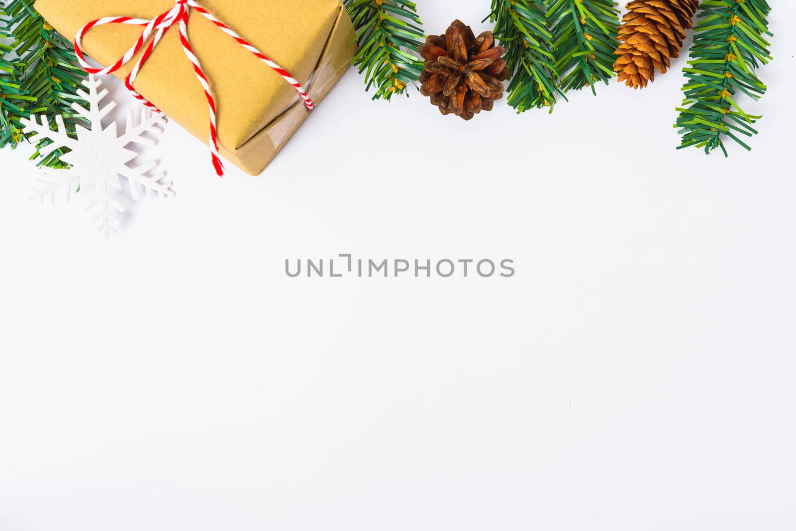 Happy New Year and Christmas day, top view flat lay composition decoration on white background with copy space for your text