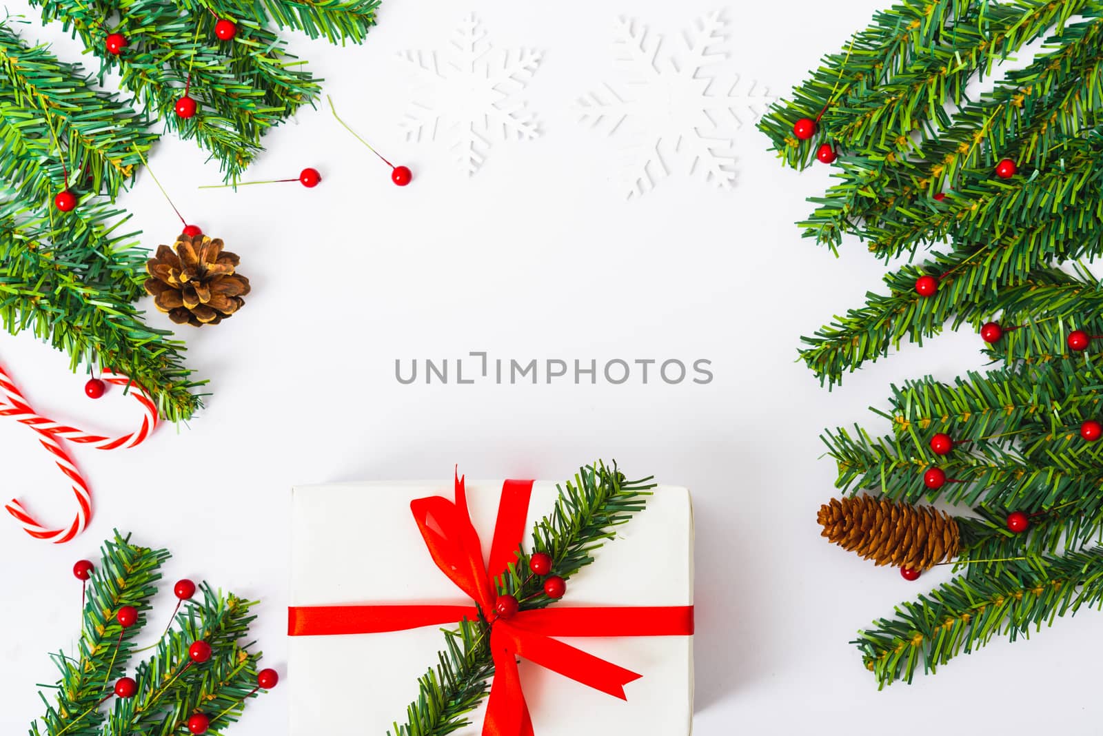 Happy New Year and Christmas day, top view flat lay composition decoration on white background with copy space for your text