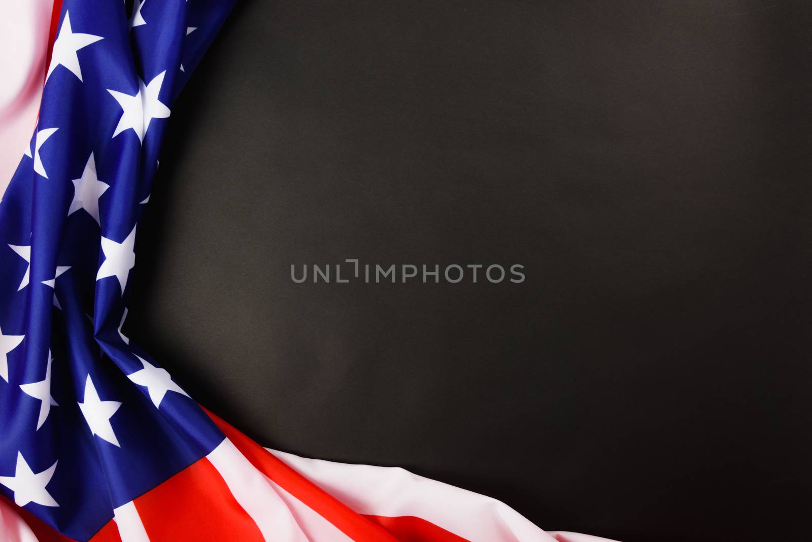Martin luther king day, flat lay top view, American flag democracy on black background with copy space for your text