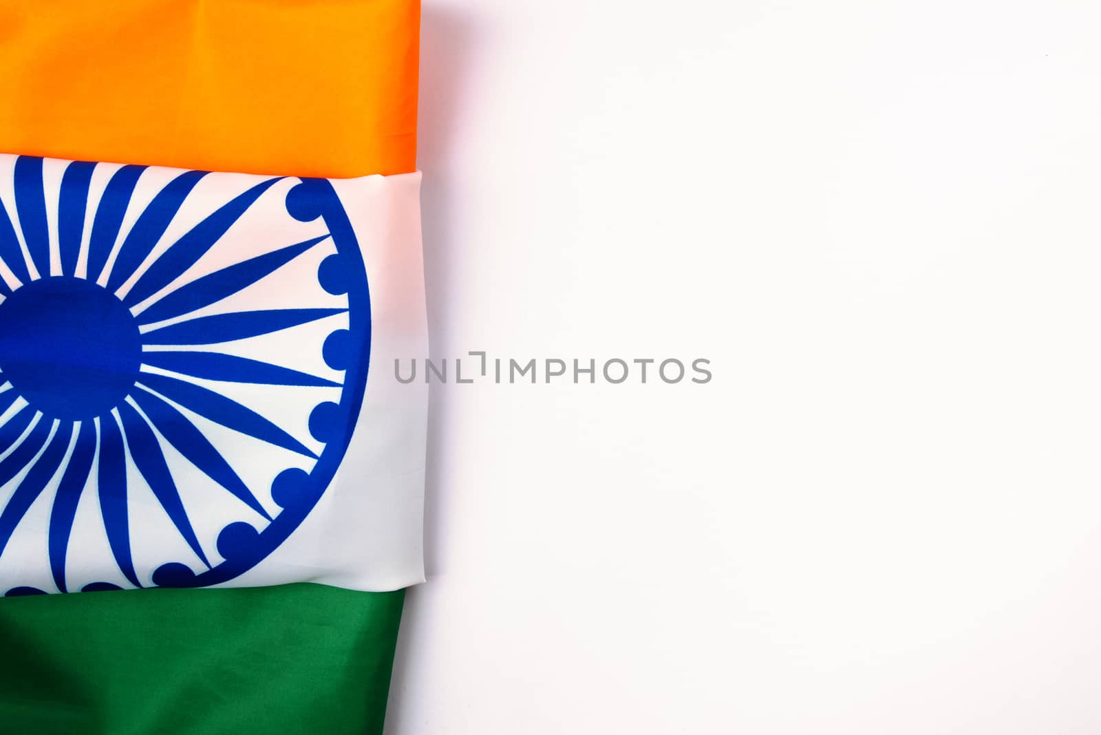 Indian republic day, flat lay top view, Indian tricolor flag on white background with copy space for your text