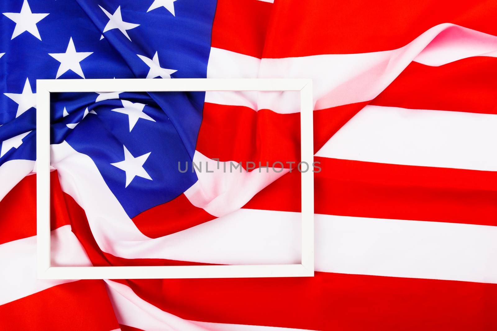 President's Day Concept, flat lay top view, America Flag and photo frame background with copy space for your text