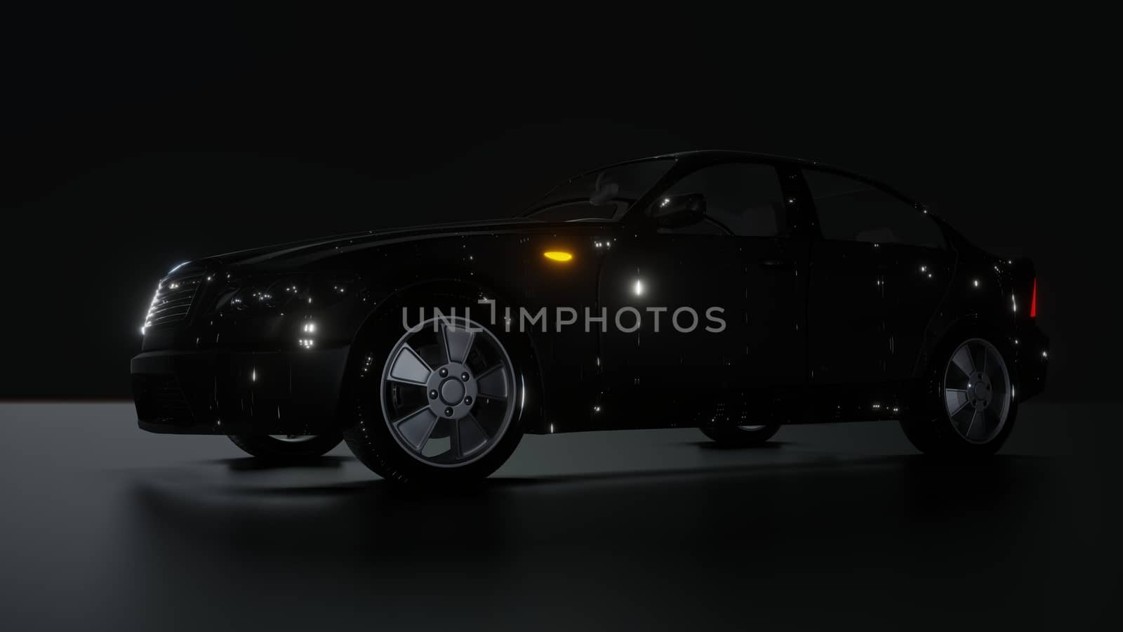 Black Brandless Car on Dark Background. 3D illustration. Futuristic car paint with bright luminous chaotic patterns