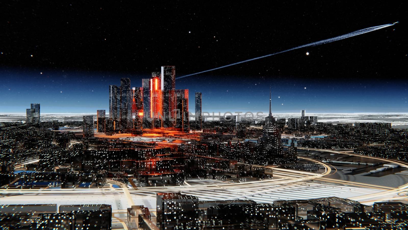 Futuristic glass city with luminous windows. Luminous roads and bright flashes between houses. Starry atmospheric sky with a flying airplane on the background. 3D illustration