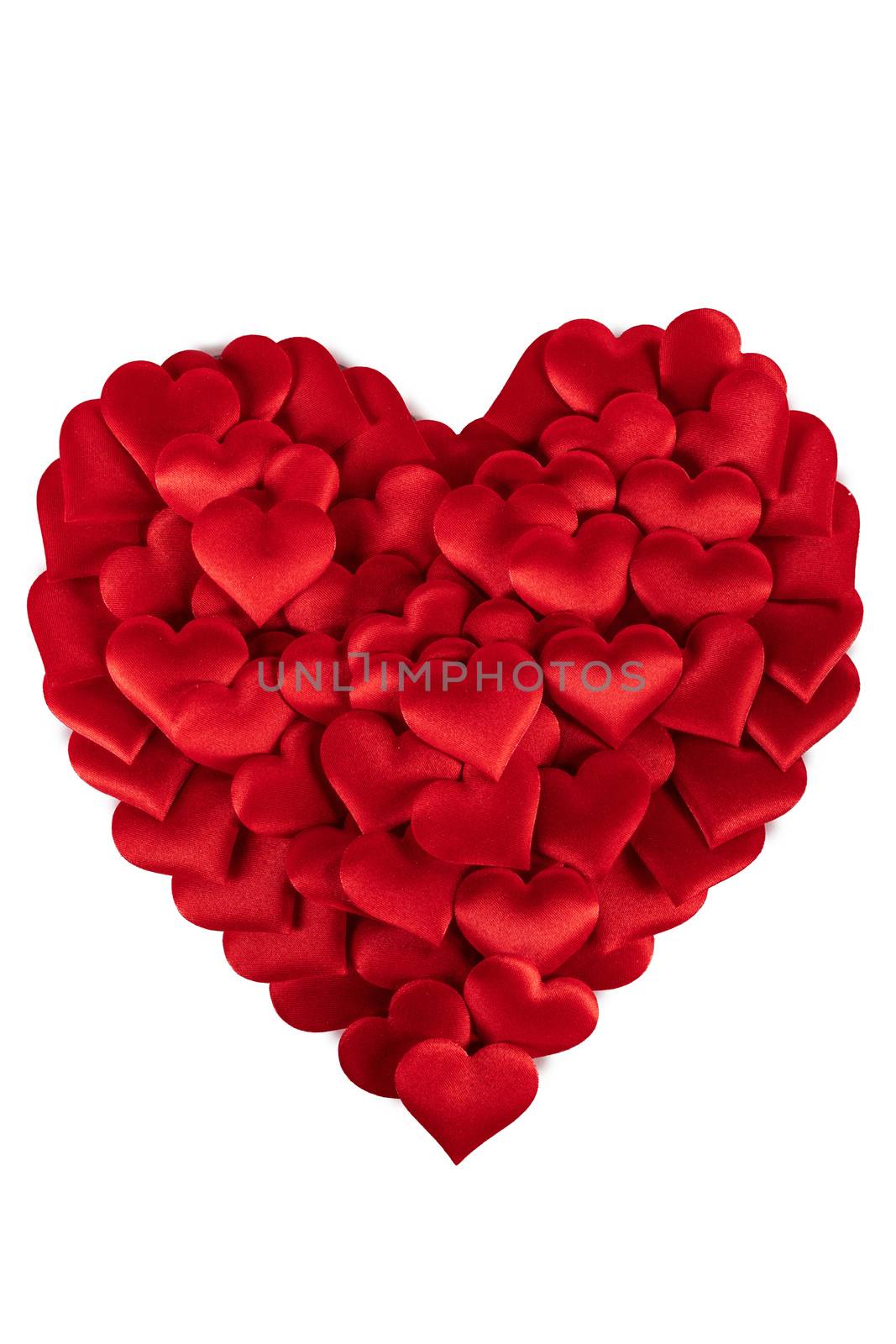 Valentine's day many red silk hearts isolated on white background, love concept