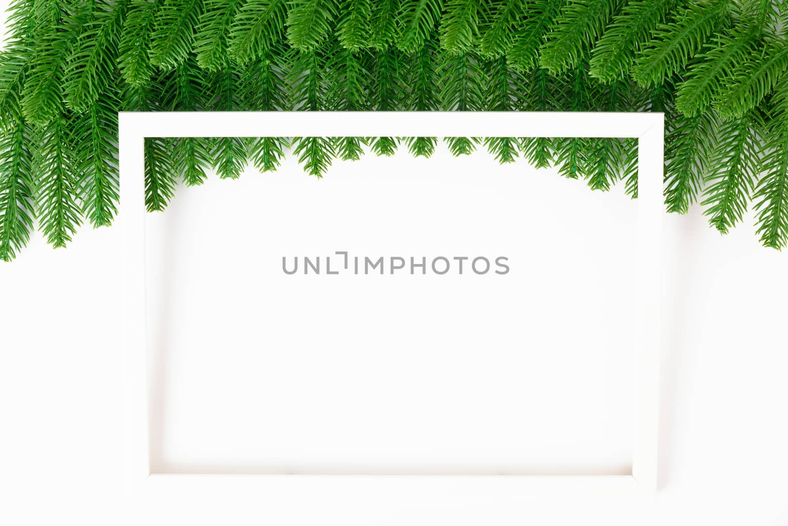 Happy new year or christmas day top view decorative fir tree on white background with copy space for your text