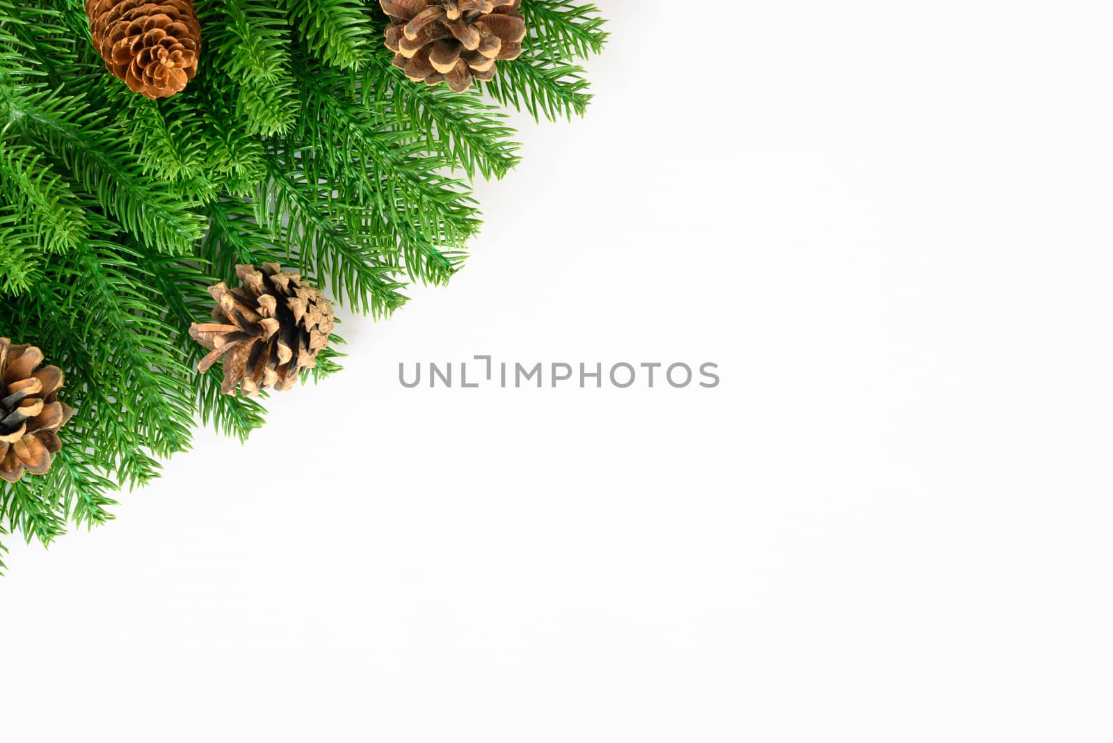 Happy new year or christmas day top view decorative fir tree on white background with copy space for your text
