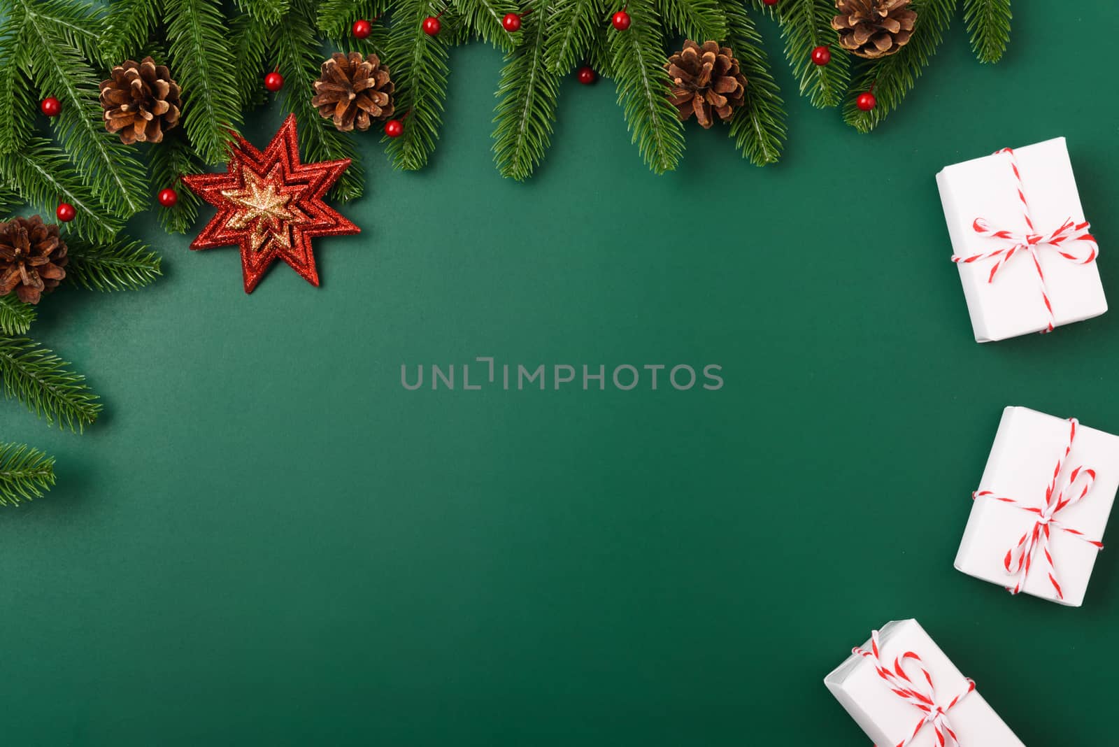 Happy new year, christmas day concept top view flat lay fir tree branches, gift box and decoration