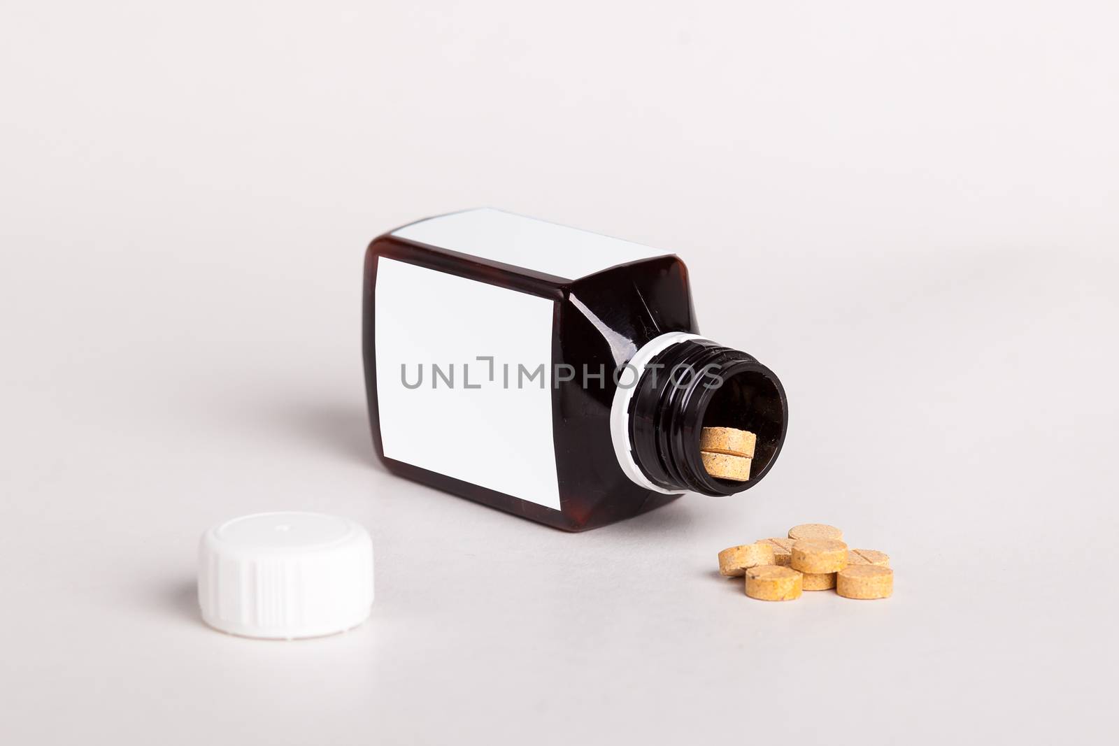 White pills box. Plastic bottles. Drugs box mock-up. Medical blank cardboard. Pills bottle. Mockup.