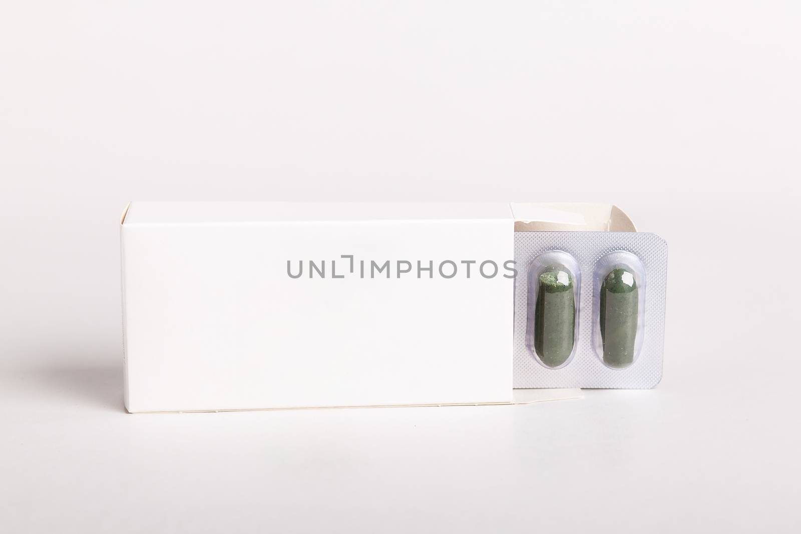 White pills box. Plastic bottles. Drugs box mock-up. Medical blank cardboard. Mockup. Pills bottle by Denys_N