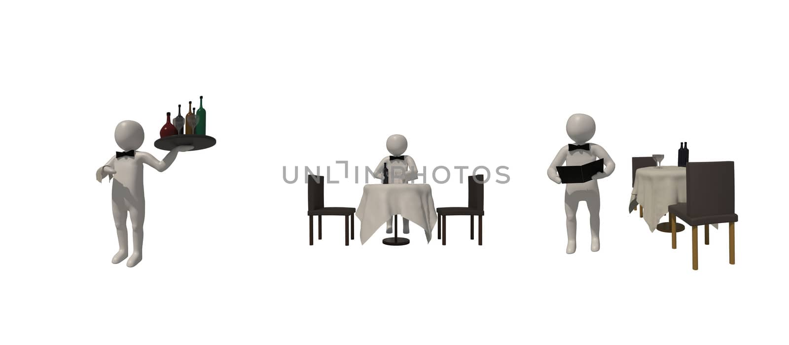 3d illustrator, 3d rendering, The Waitress symbol on a white background shows a 3D image of Waiter Delivery Food Service