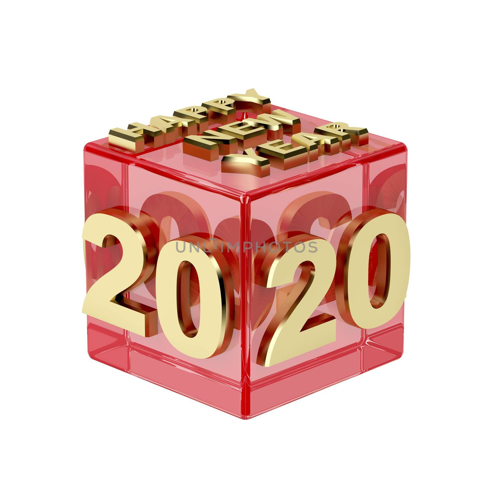 Red crystal box with golden text on it, Happy new year 2020