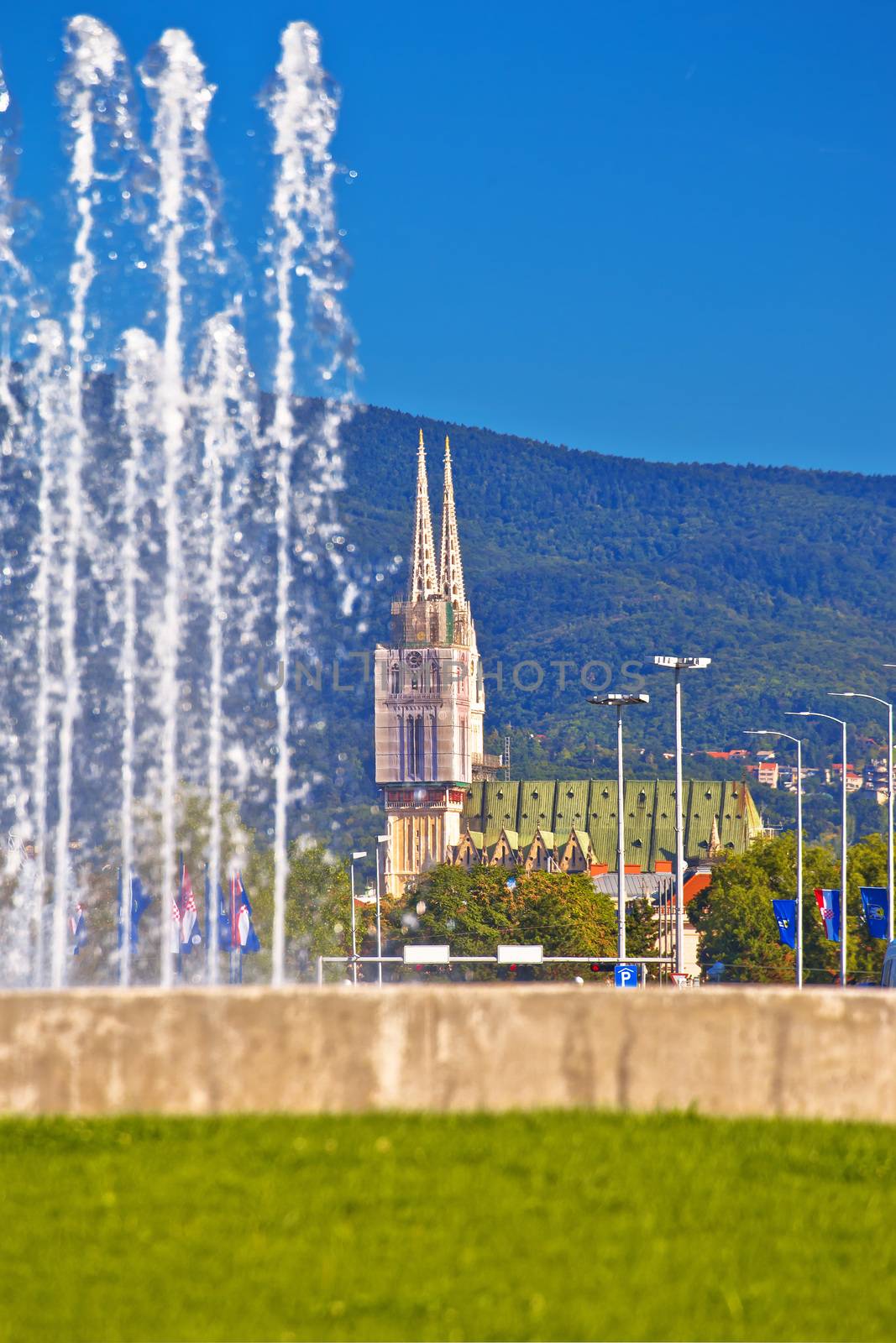 Fountains square and cathedral in capital city of Zagreb vertical view, Croatia