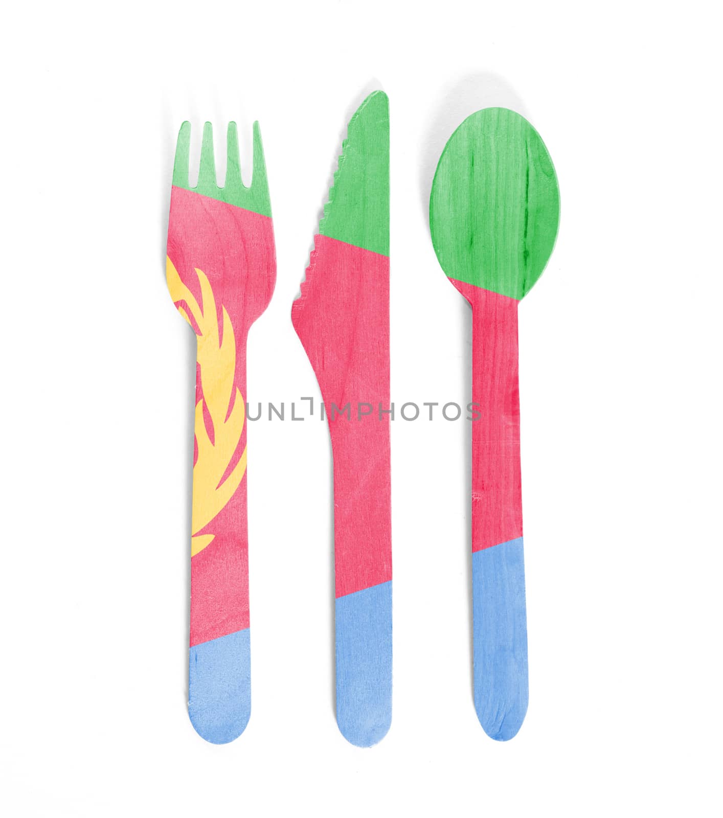 Eco friendly wooden cutlery - Plastic free concept - Isolated - Flag of Eritrea