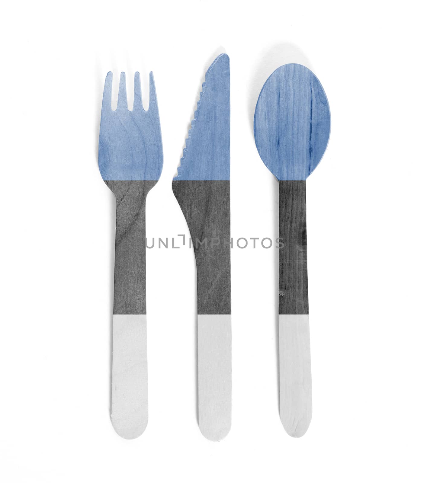 Eco friendly wooden cutlery - Plastic free concept - Isolated - Flag of Estonia