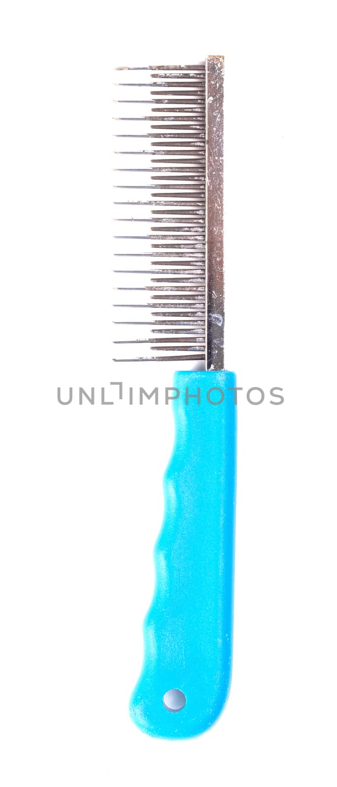 Comb with blue handle for animals with long hair, isolated