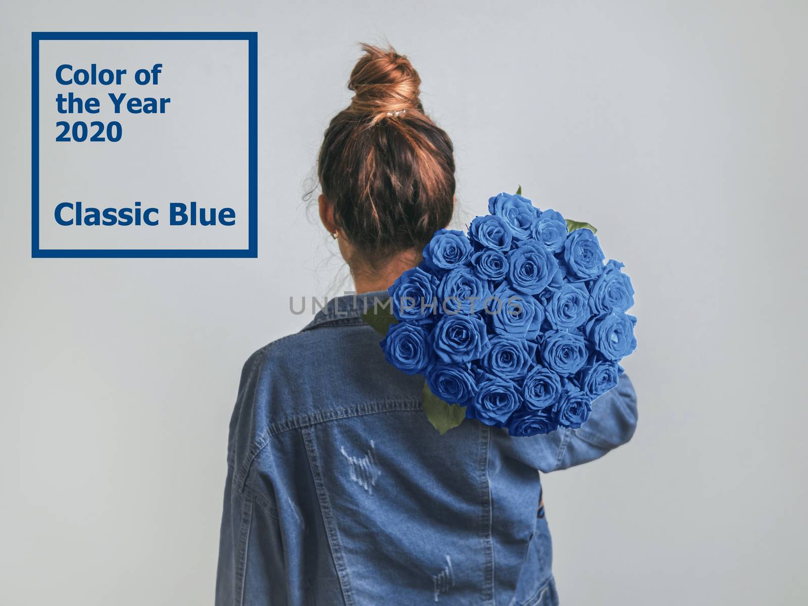 Back view of young woman in denim jacket holding bunch of blue roses on shoulder. Girl with bun updo in jeans holding flowers in Color of Year 2020 Classic Blue