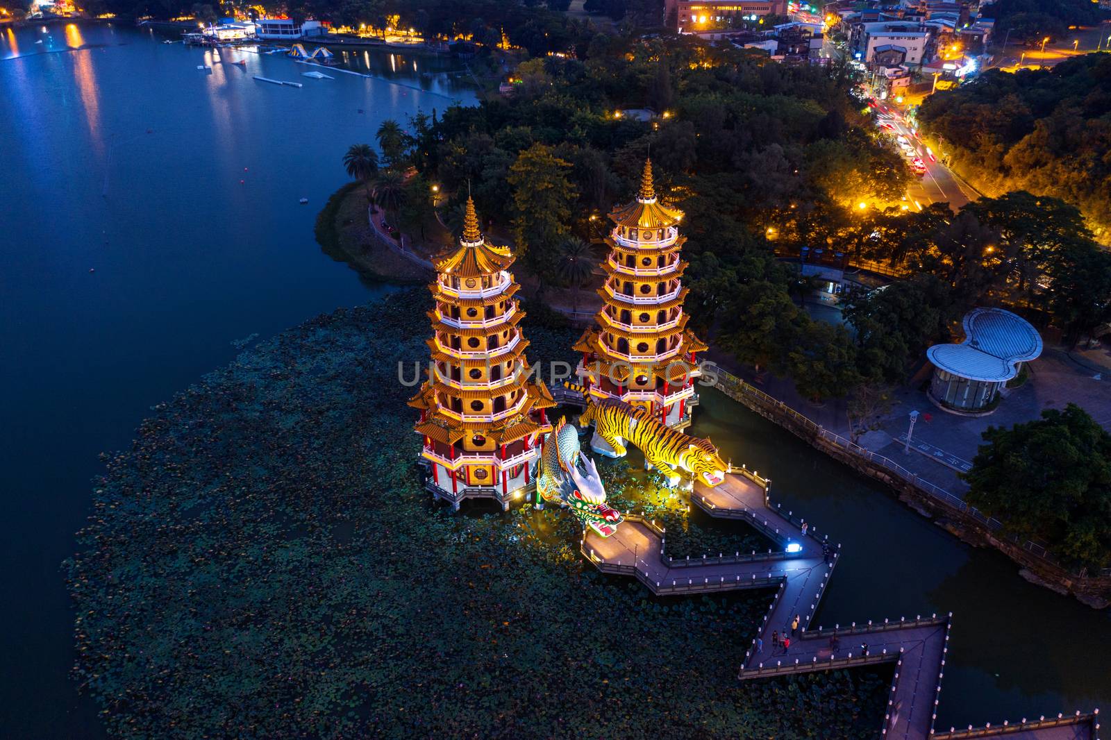 Dragon and Tiger Pagodas at night in Kaohsiung, Taiwan.