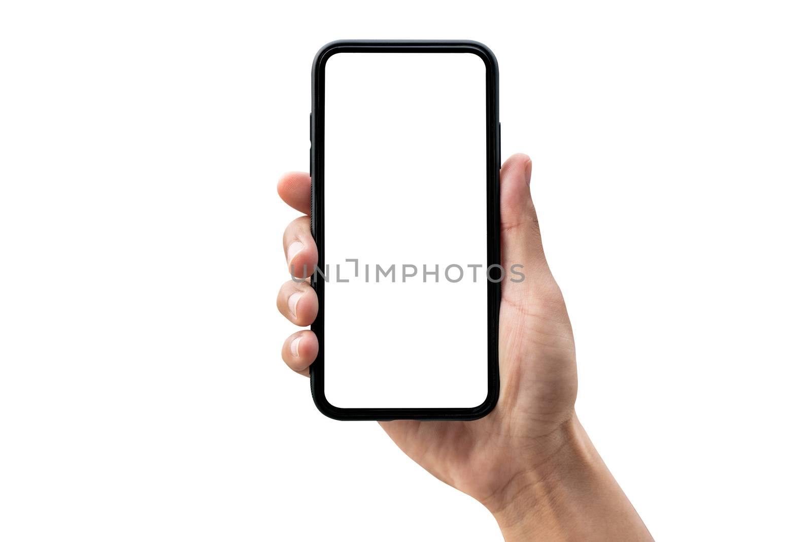 Hand holding smartphone isolated on white background. by gutarphotoghaphy