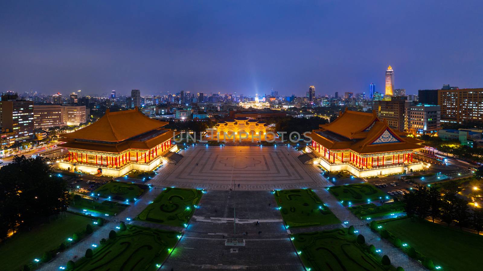 Aerial view of Chiang Kai Shek Memorial Hall at night in Taipei, Taiwan. by gutarphotoghaphy