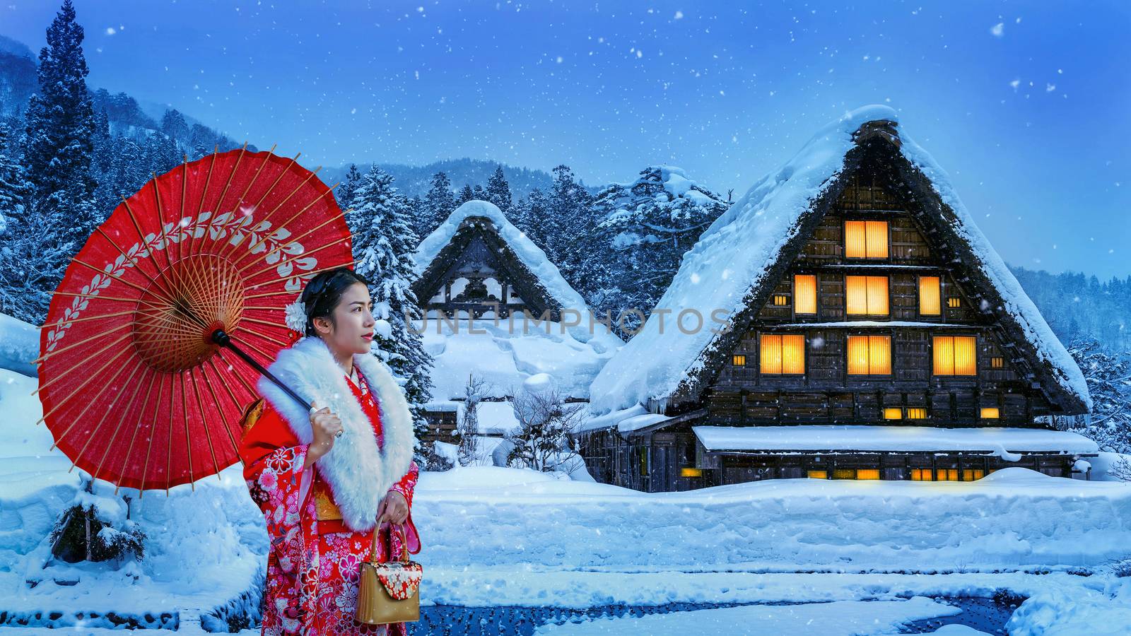 Asian woman wearing japanese traditional kimono at Shirakawa-go village in winter, UNESCO world heritage sites, Japan. by gutarphotoghaphy