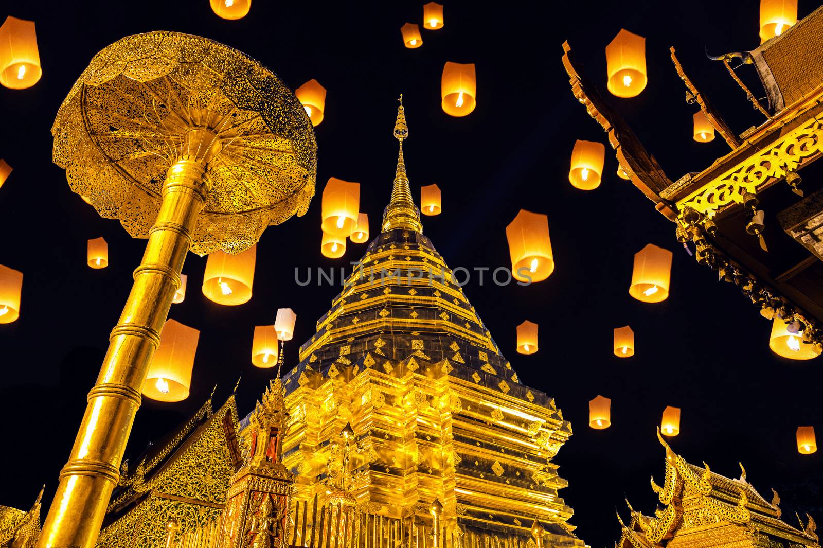 Yee peng festival and sky lanterns at Wat Phra That Doi Suthep in Chiang Mai, Thailand. by gutarphotoghaphy