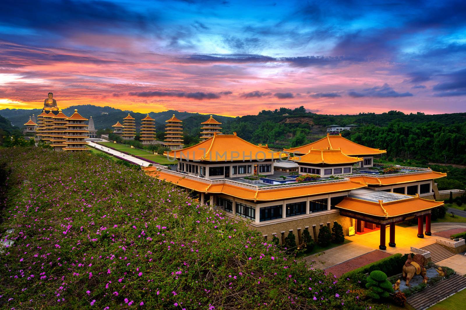 Sunset at Fo Guang Shan Buddha Temple in Kaohsiung, Taiwan.