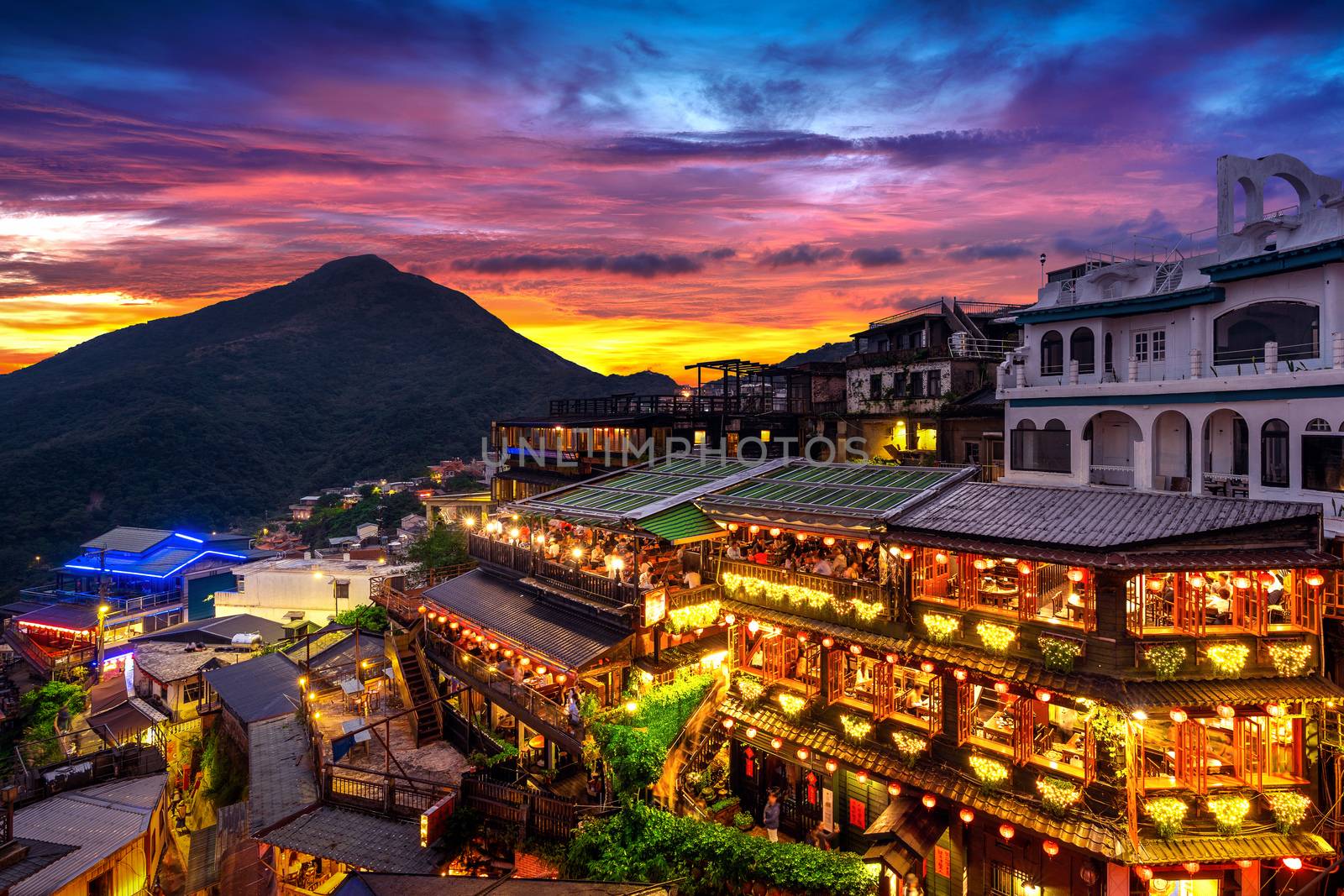 Jiufen old street at twilight in Taipei Taiwan.