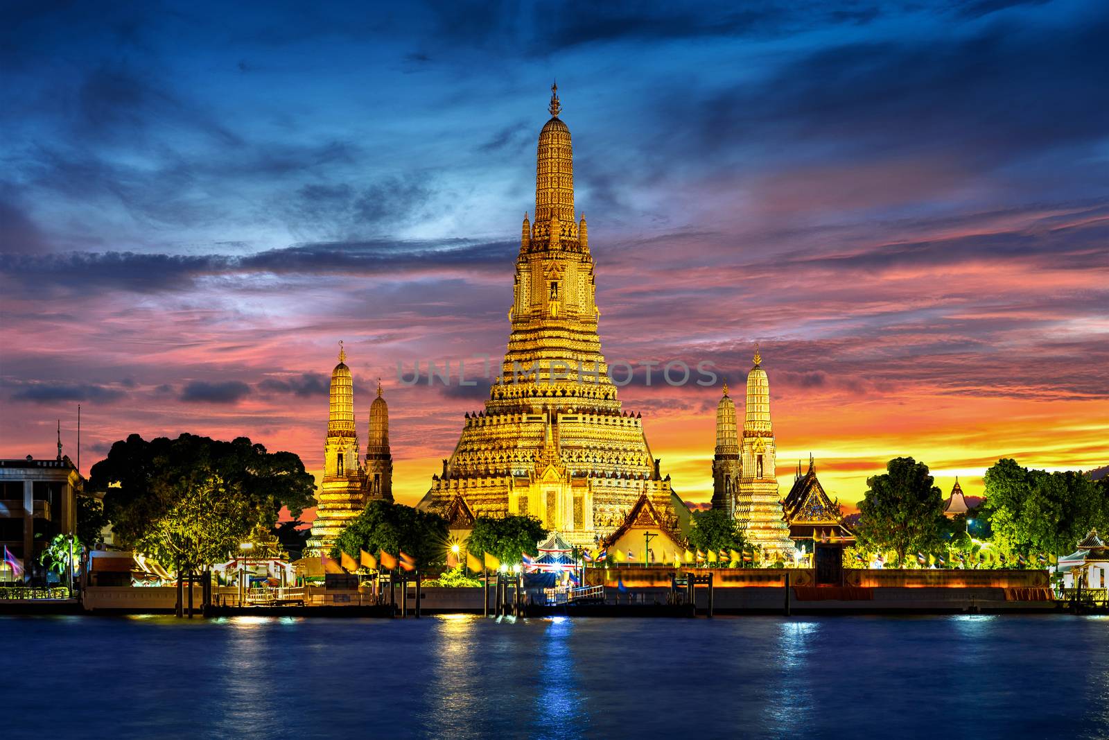 Wat Arun temple at twilight in Bangkok, Thailand. by gutarphotoghaphy
