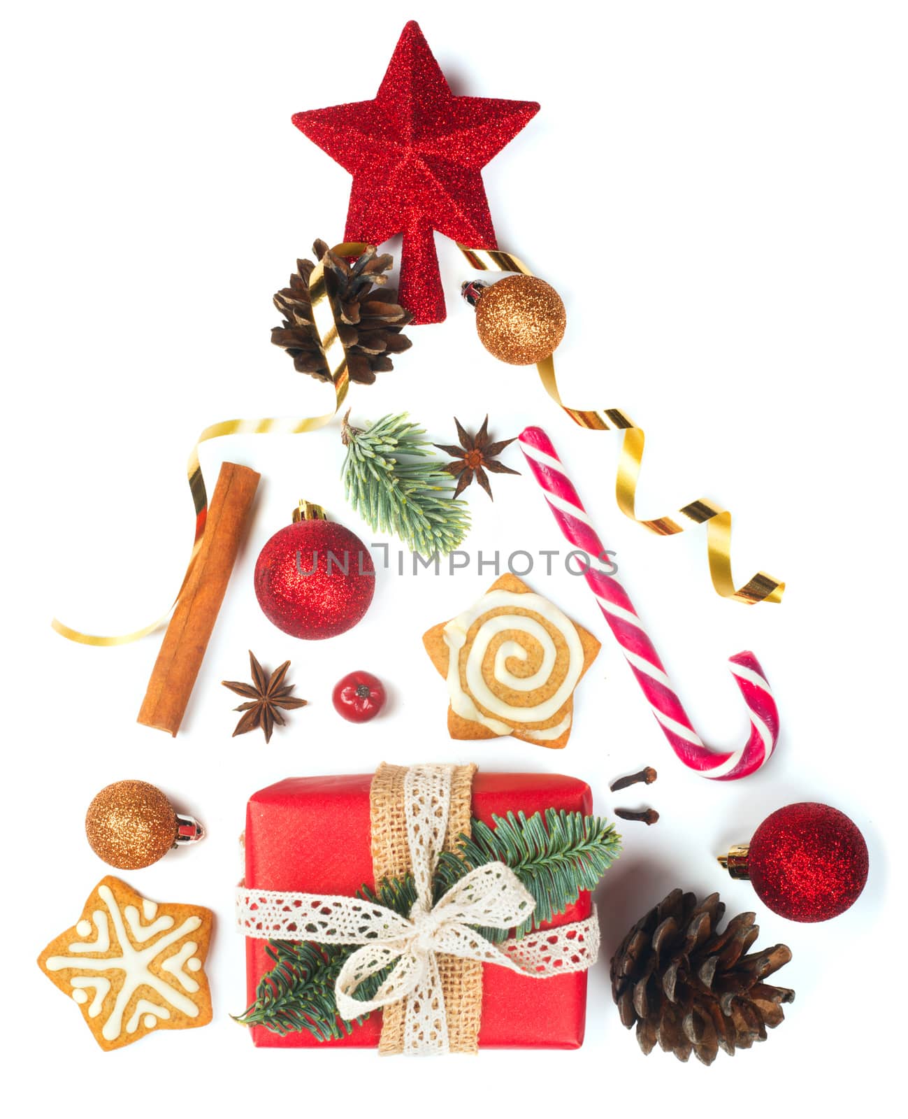 Minimalistic Christmas flat lay fir tree of objects design top view isolated on white background. New Year concept.