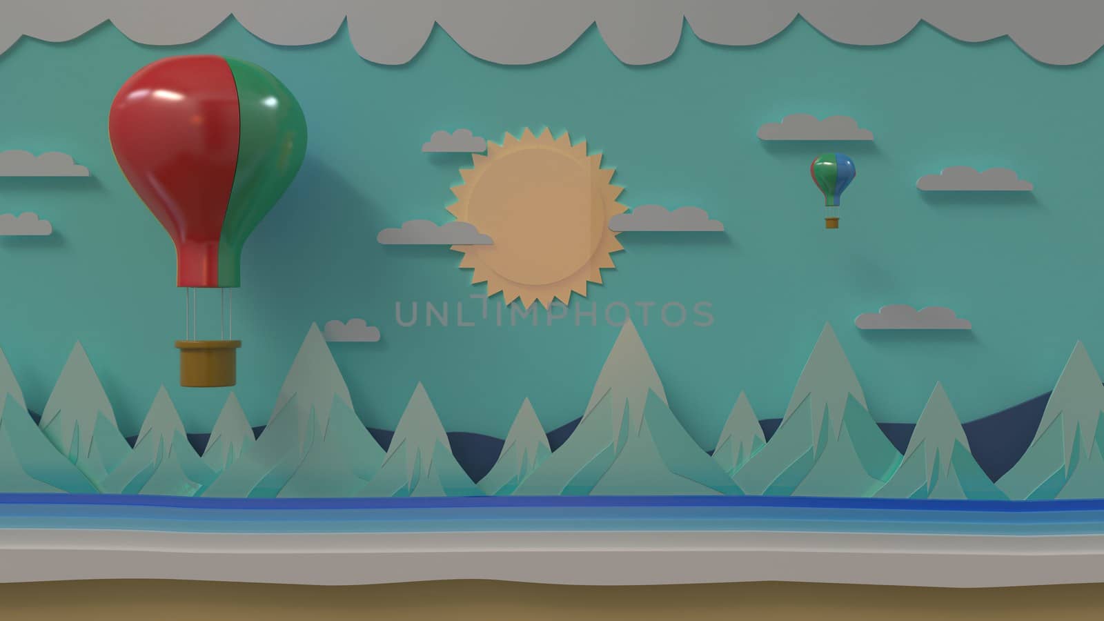 A balloon floats above the iceberg. Cloud and sun, 3D paper cutting, 3D graphic illustrator