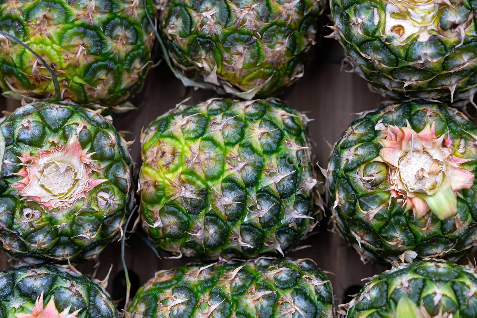 Pineapple, fruit in trays that are being sold in shops and supermarkets in the city