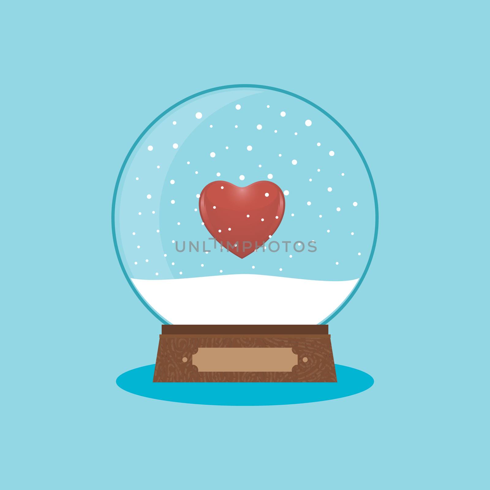 Snow globe on a blue background, heart inside. Merry Christmas and Happy New Year. illustration